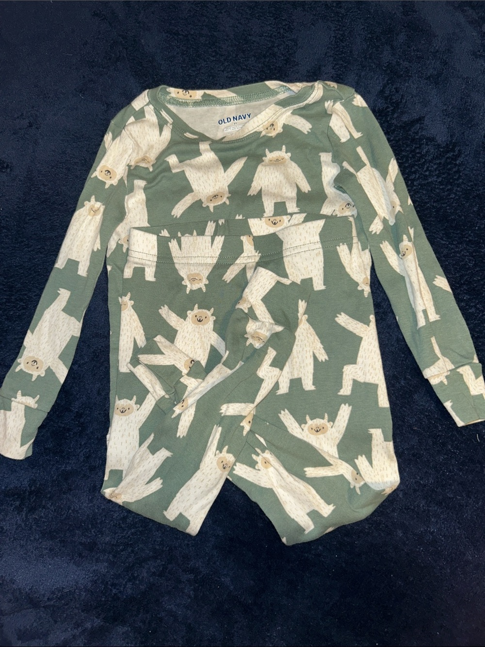 Old Navy Green Pajama Set with White/Cream Monster Print